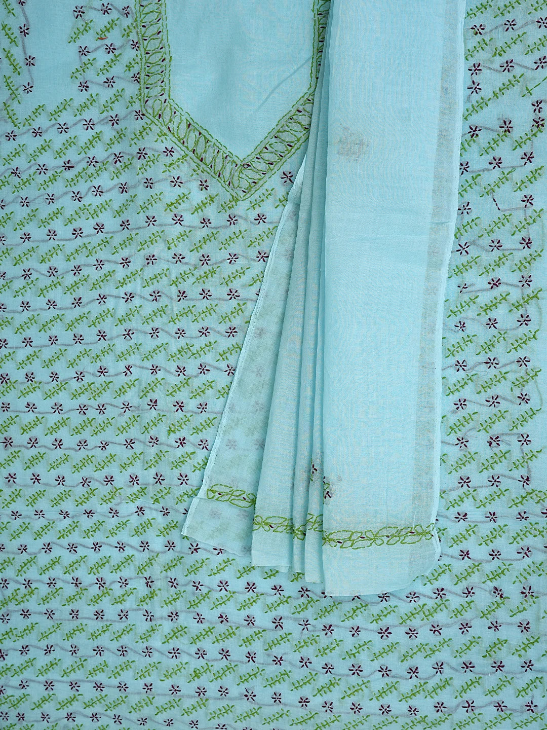 Ada Hand Embroidered Ice Blue Cotton Lucknowi Chikankari Unstitched Suit Piece 01A893896
