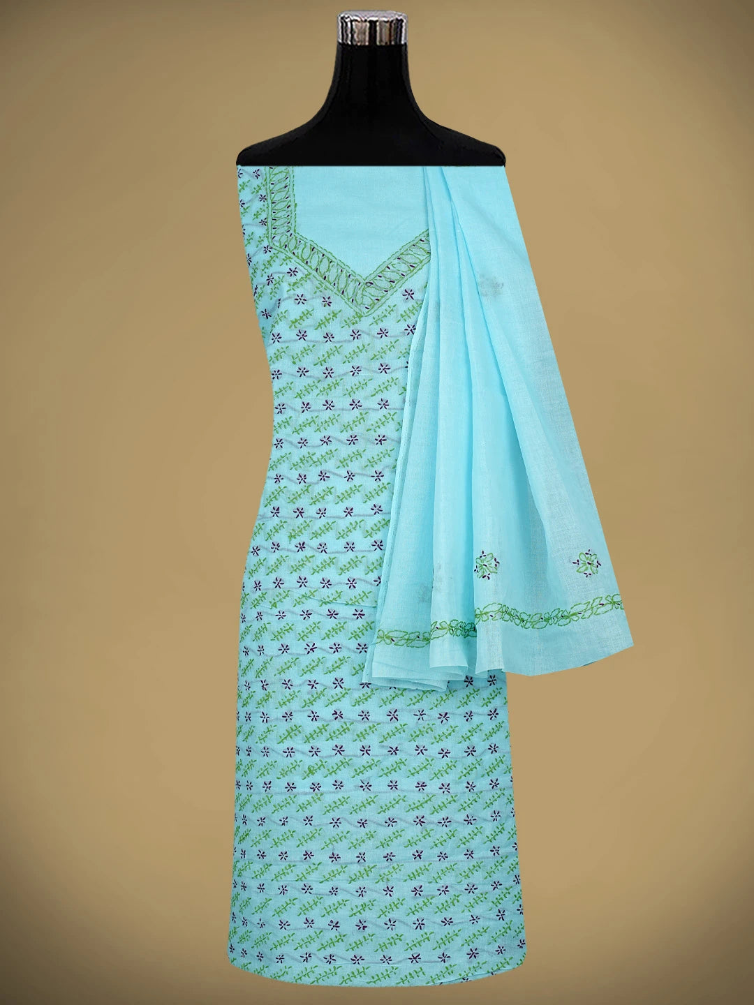 Ada Hand Embroidered Ice Blue Cotton Lucknowi Chikankari Unstitched Suit Piece 01A893896