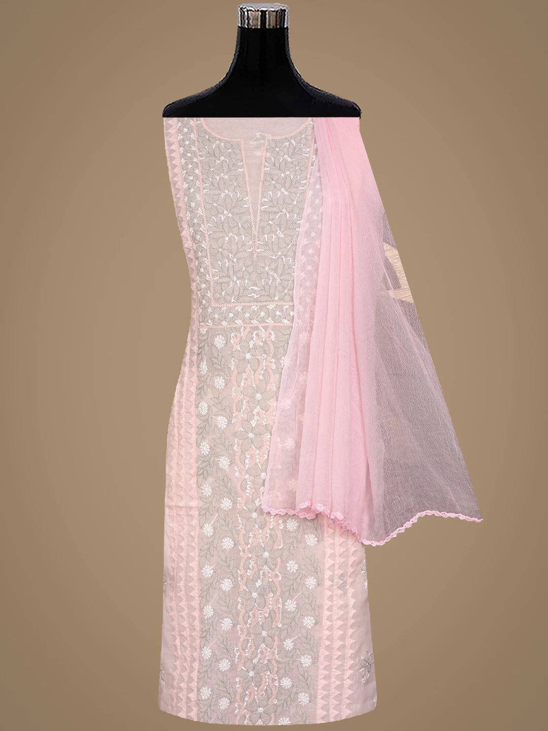 Ada Hand Embroidered Pink Cotton Lucknowi Chikankari Unstitched Suit Piece  with Chiffon Dupatta 01A879922