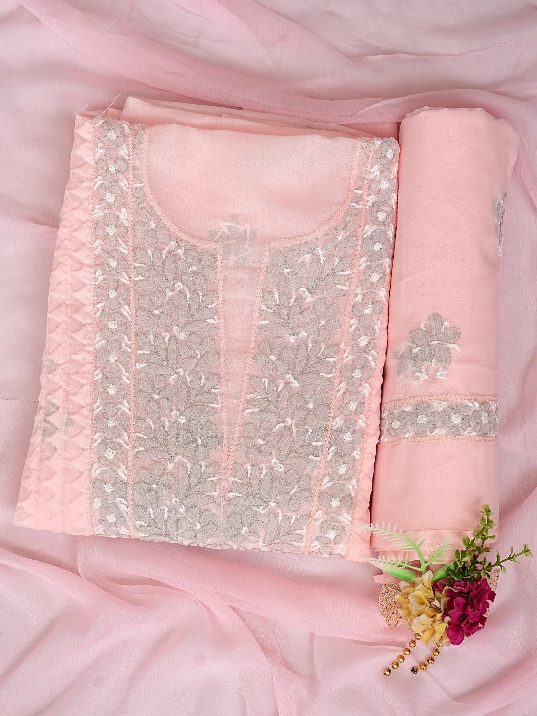 Ada Hand Embroidered Pink Cotton Lucknowi Chikankari Unstitched Suit Piece  with Chiffon Dupatta 01A879922