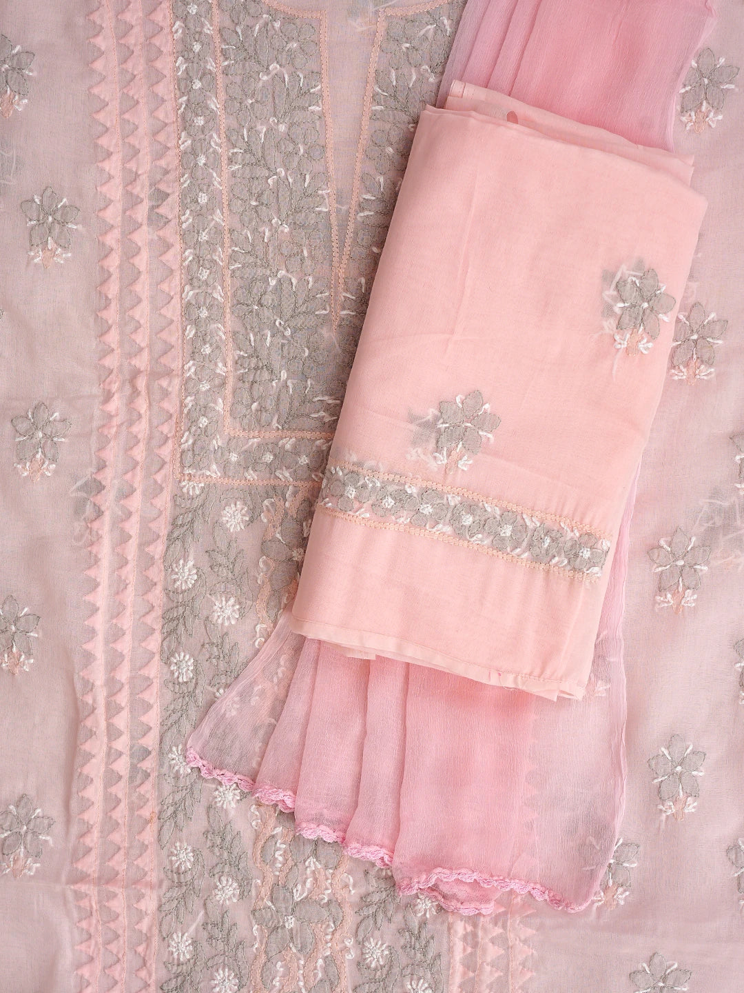 Ada Hand Embroidered Pink Cotton Lucknowi Chikankari Unstitched Suit Piece  with Chiffon Dupatta 01A879922
