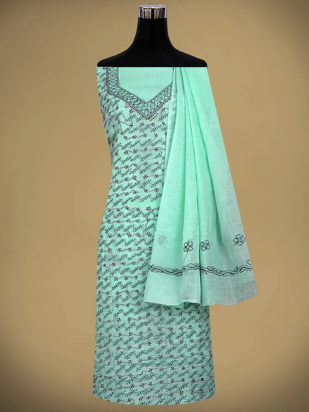 Ada Hand Embroidered Aquamarine  Turquoise Cotton Lucknowi Chikankari Unstitched Suit Piece 01A893906