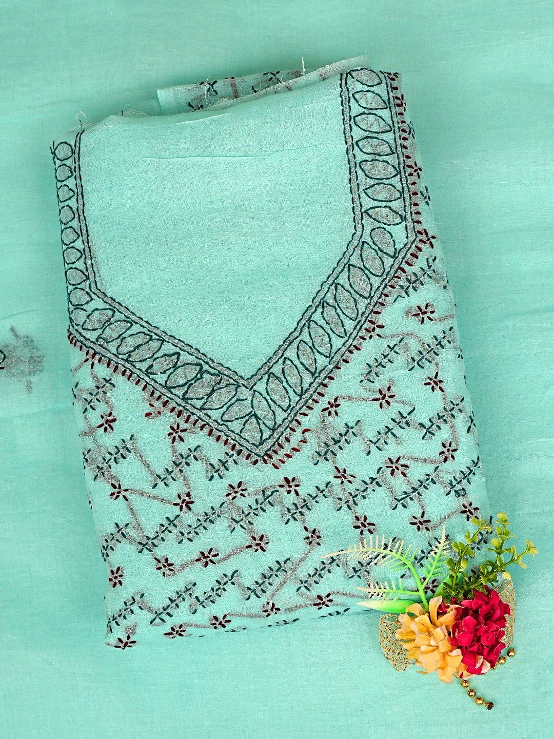 Ada Hand Embroidered Aquamarine  Turquoise Cotton Lucknowi Chikankari Unstitched Suit Piece 01A893906