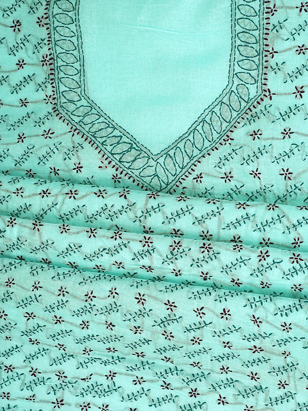 Ada Hand Embroidered Aquamarine  Turquoise Cotton Lucknowi Chikankari Unstitched Suit Piece 01A893906