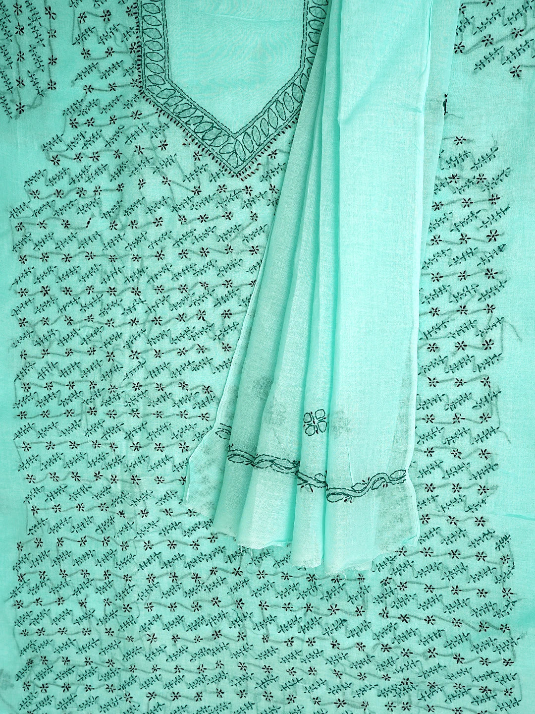 Ada Hand Embroidered Aquamarine  Turquoise Cotton Lucknowi Chikankari Unstitched Suit Piece 01A893906