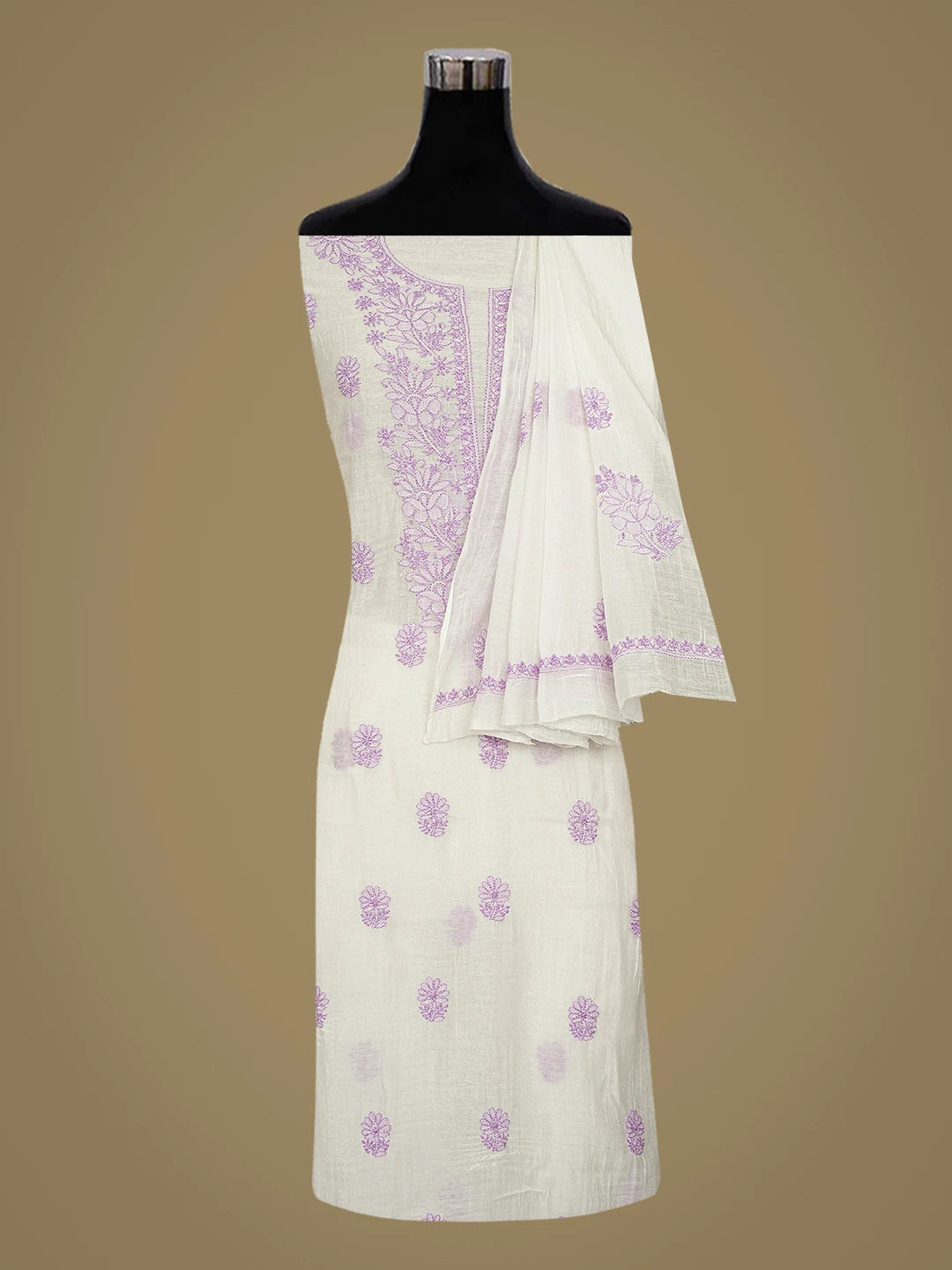 Ada Hand Embroidered White Chanderi Lucknowi Chikankari Unstitched Kurta Dupatta Set 01A883041