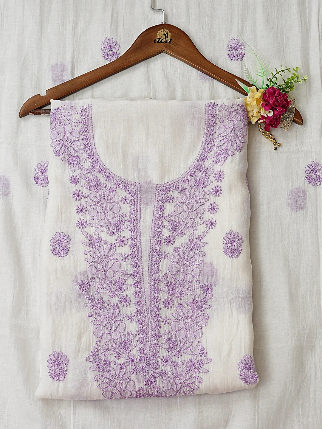 Ada Hand Embroidered White Chanderi Lucknowi Chikankari Unstitched Kurta Dupatta Set 01A883041