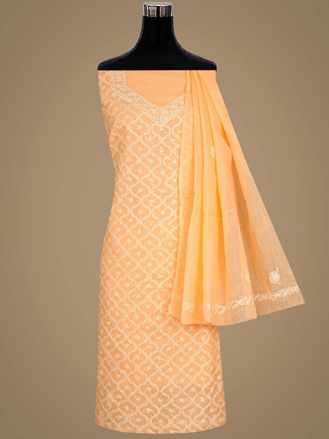 Ada Hand Embroidered Peach Cotton Lucknowi Chikankari Unstitched Suit Piece 01A882347