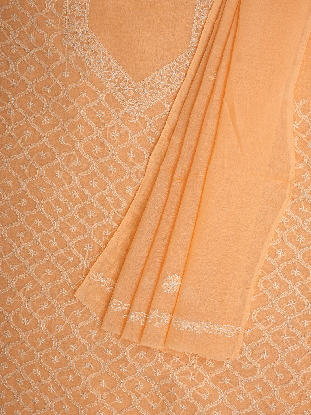 Ada Hand Embroidered Peach Cotton Lucknowi Chikankari Unstitched Suit Piece 01A882347