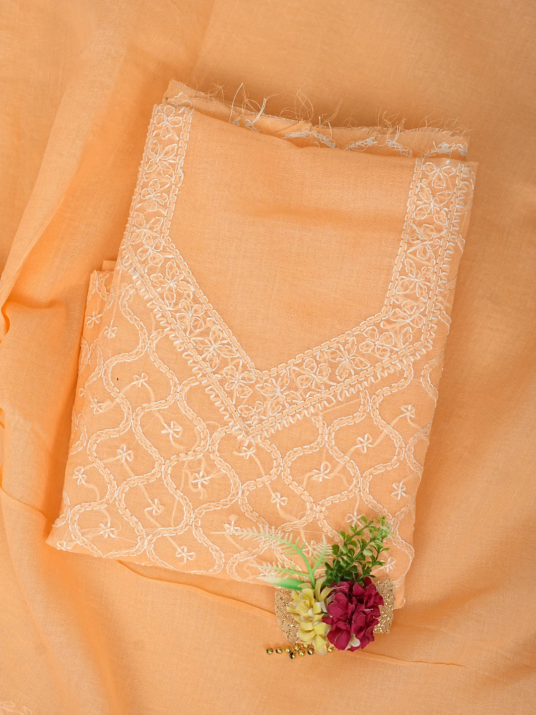 Ada Hand Embroidered Peach Cotton Lucknowi Chikankari Unstitched Suit Piece 01A882347