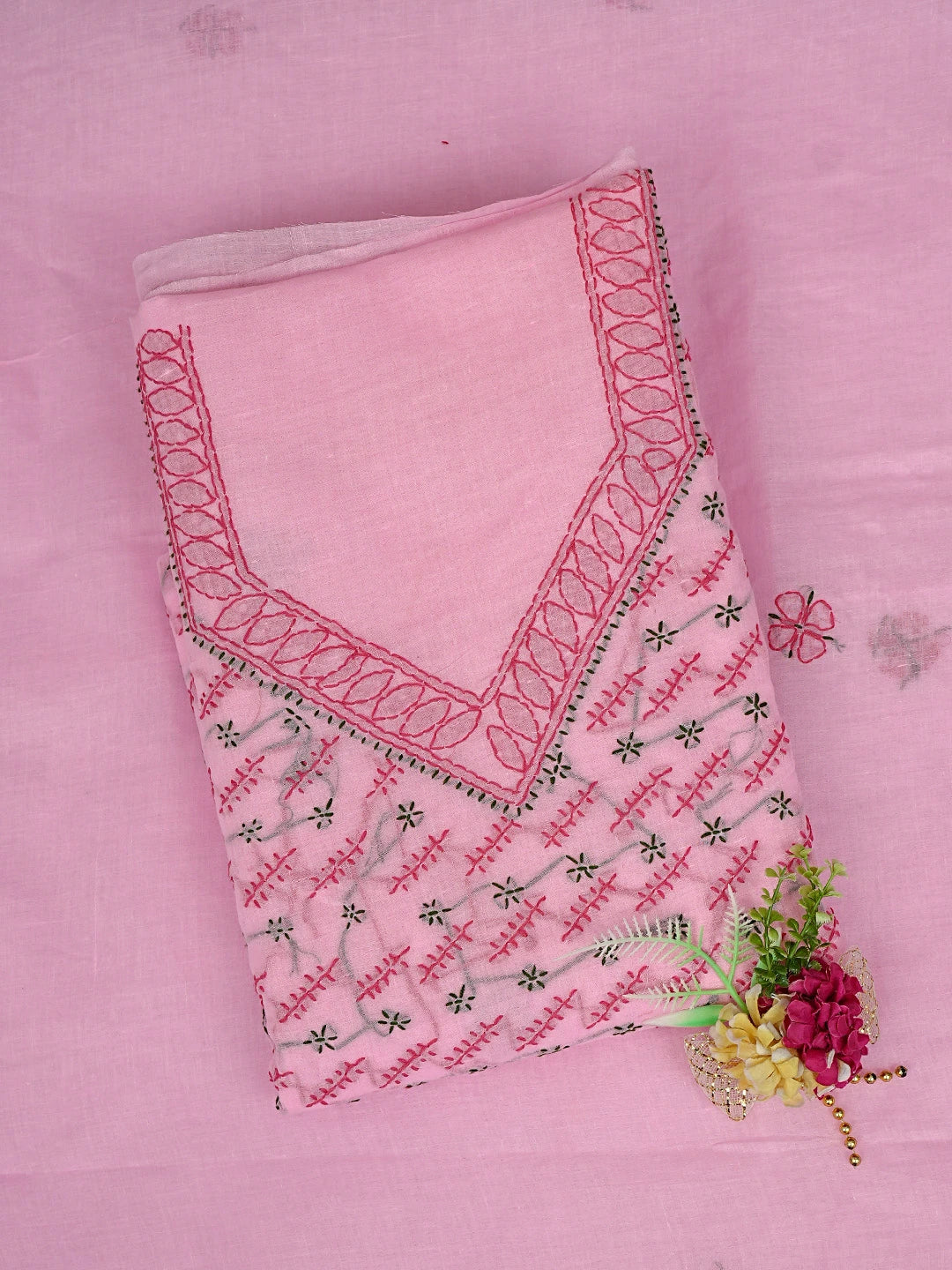 Ada Hand Embroidered Pink Cotton Lucknowi Chikankari Unstitched Suit Piece 01A893878