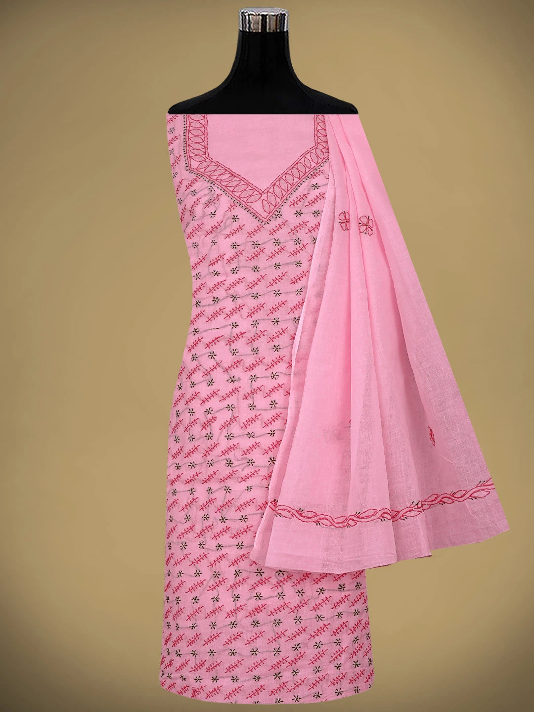 Ada Hand Embroidered Pink Cotton Lucknowi Chikankari Unstitched Suit Piece 01A893878
