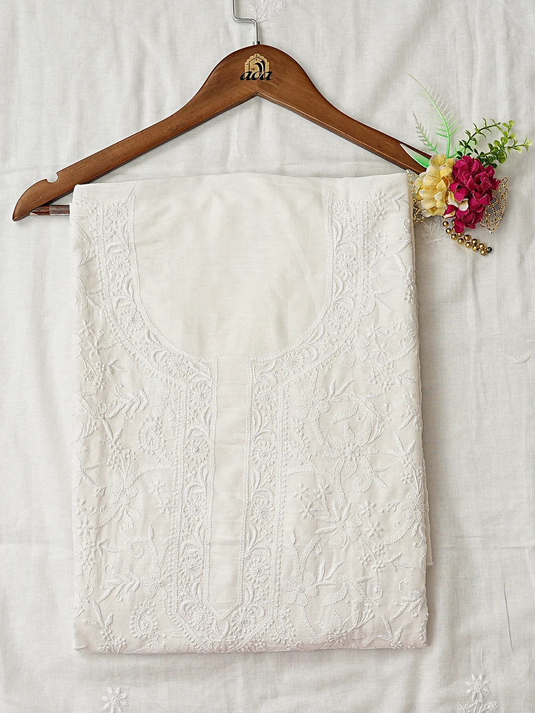 Ada Hand Embroidered White Cotton Lucknowi Chikankari Unstitched Kurta Dupatta Set 01A871221