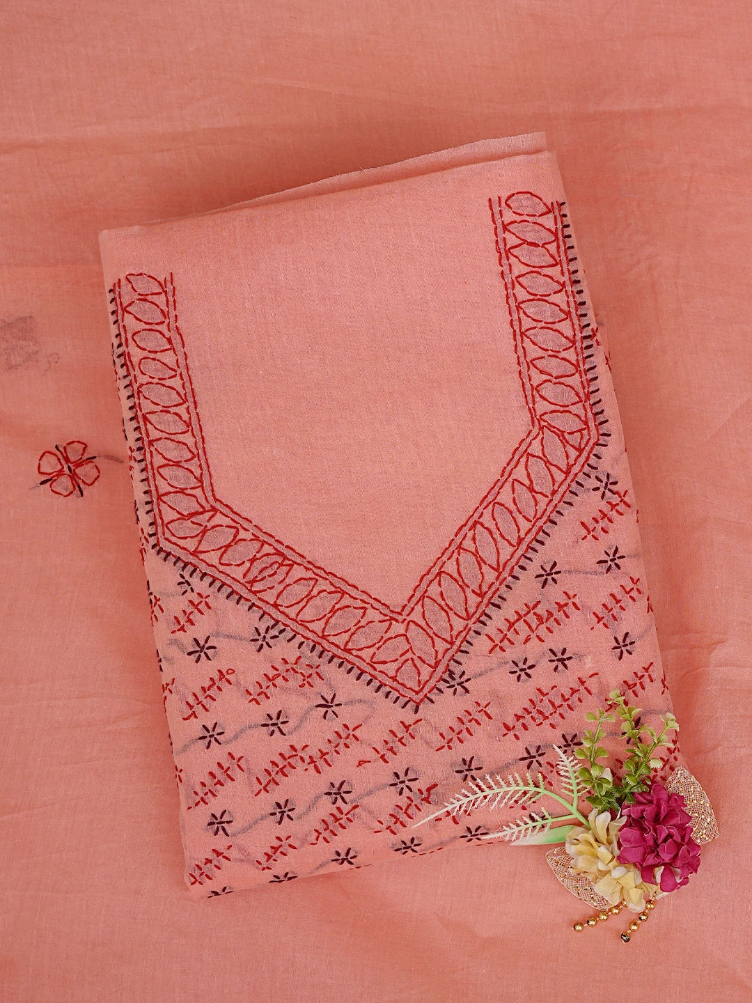 Ada Hand Embroidered Carrot Pink Cotton Lucknowi Chikankari Unstitched Suit Piece 01A893875