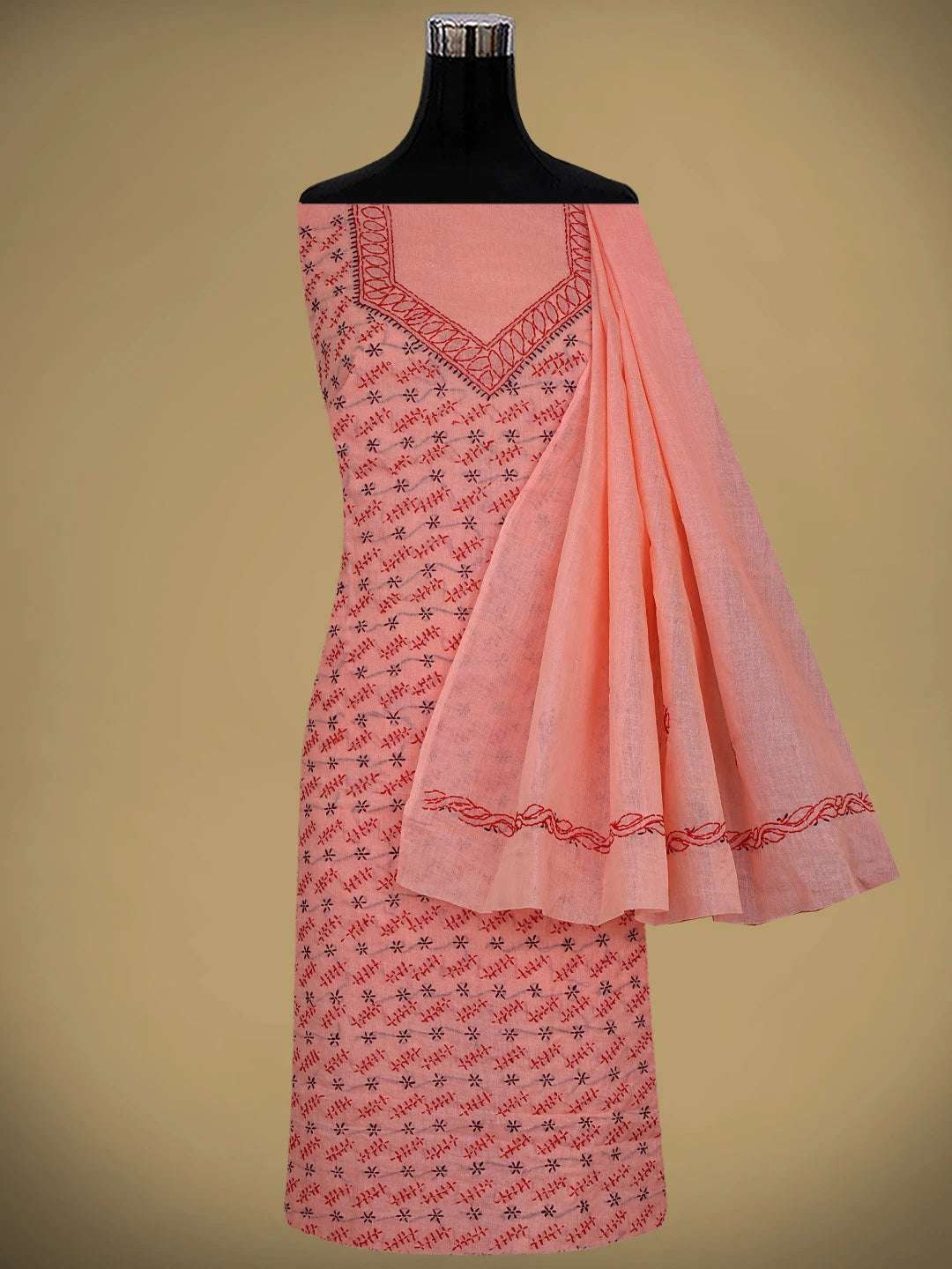 Ada Hand Embroidered Carrot Pink Cotton Lucknowi Chikankari Unstitched Suit Piece 01A893875