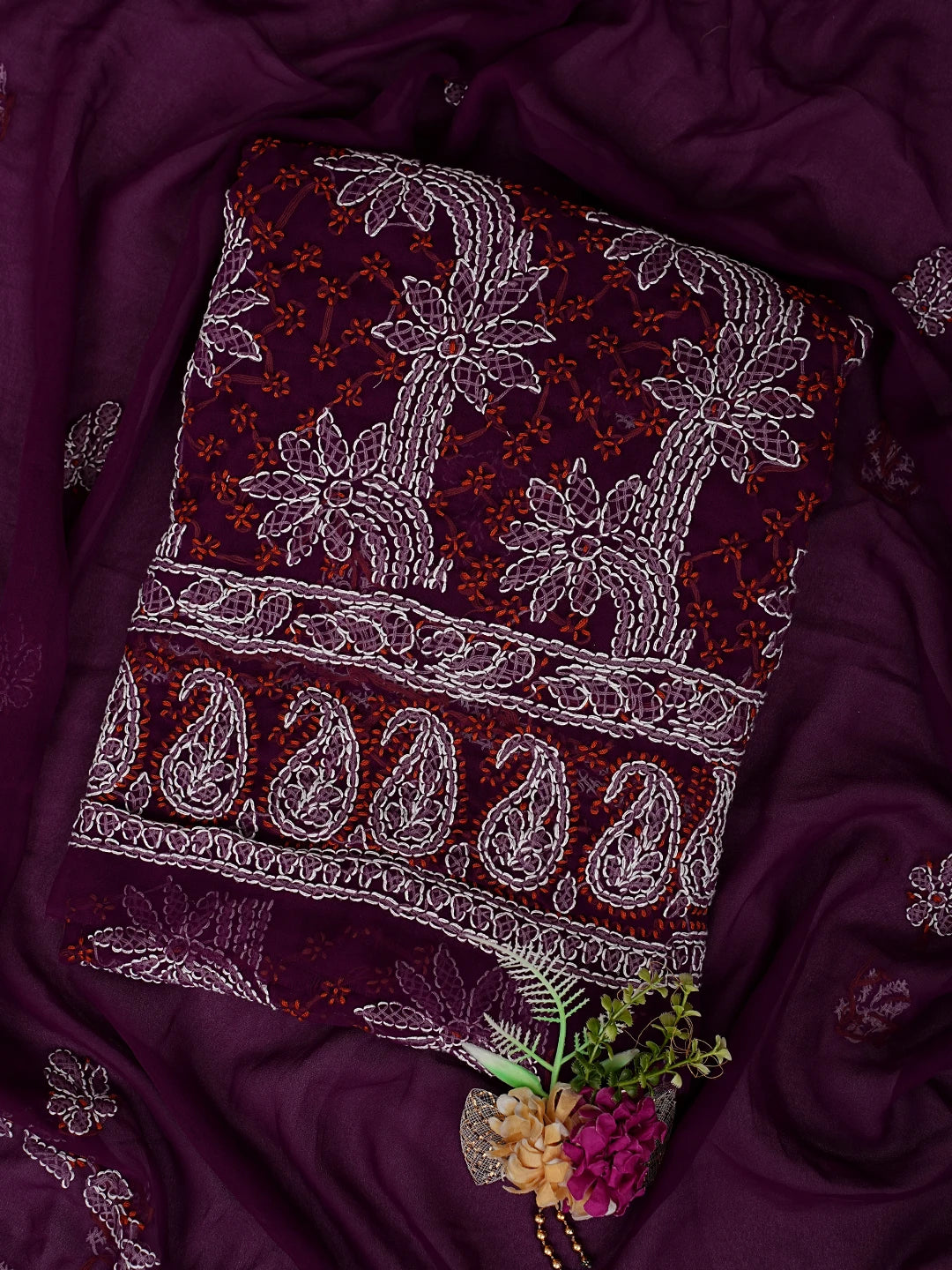 Ada Hand Embroidered Wine Georgette Lucknowi Chikankari Unstitched Suit Piece 01A872112