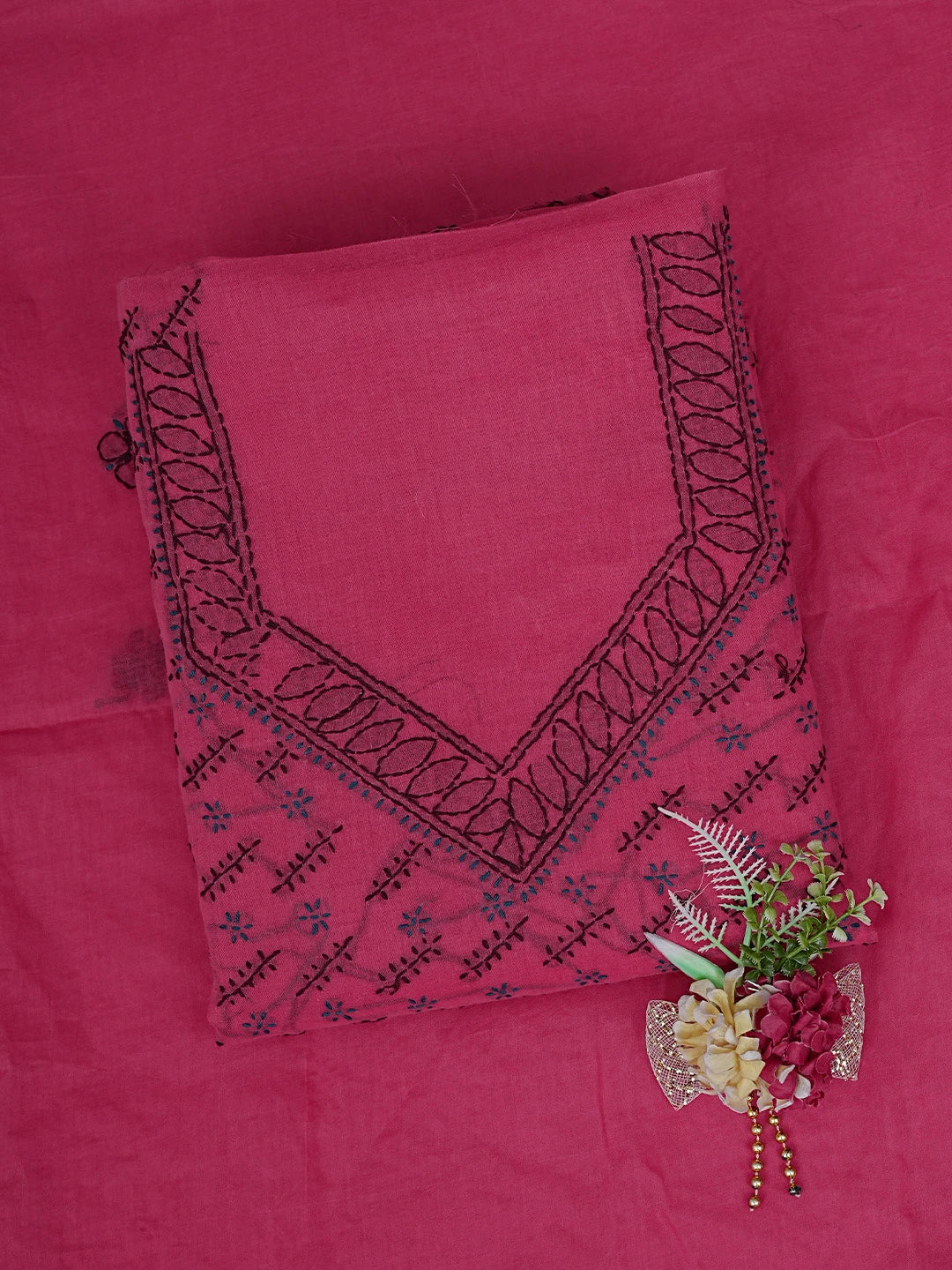 Ada Hand Embroidered Magenta Cotton Lucknowi Chikankari Unstitched Suit Piece 01A893907