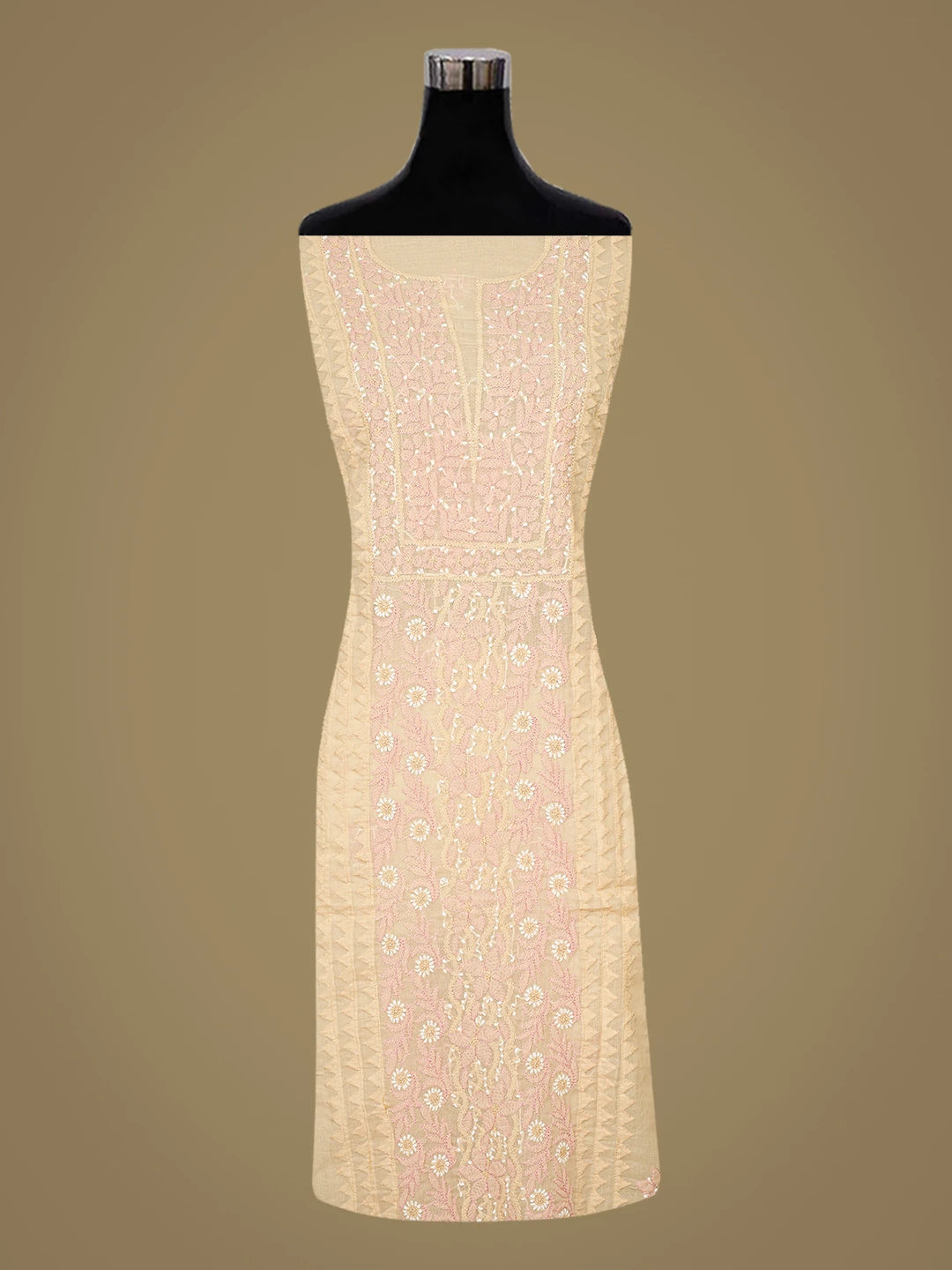 Ada Hand Embroidered Fawn Cotton Lucknowi Chikankari Unstitched Suit Piece with Chiffon Dupatta 01A879849