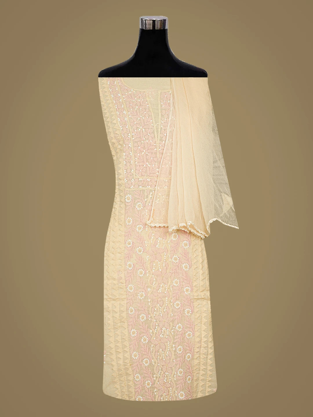 Ada Hand Embroidered Fawn Cotton Lucknowi Chikankari Unstitched Suit Piece with Chiffon Dupatta 01A879849