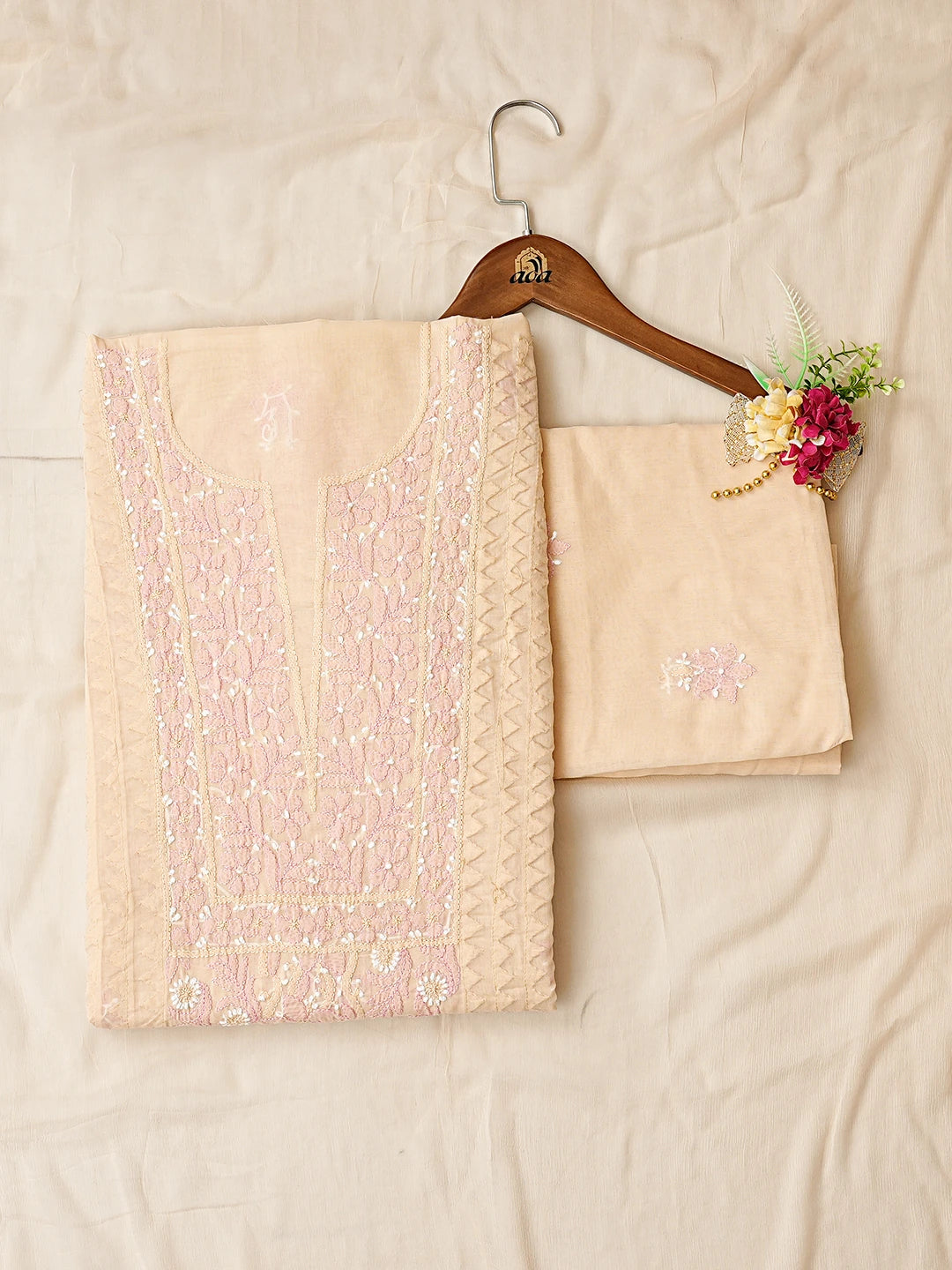 Ada Hand Embroidered Fawn Cotton Lucknowi Chikankari Unstitched Suit Piece with Chiffon Dupatta 01A879849