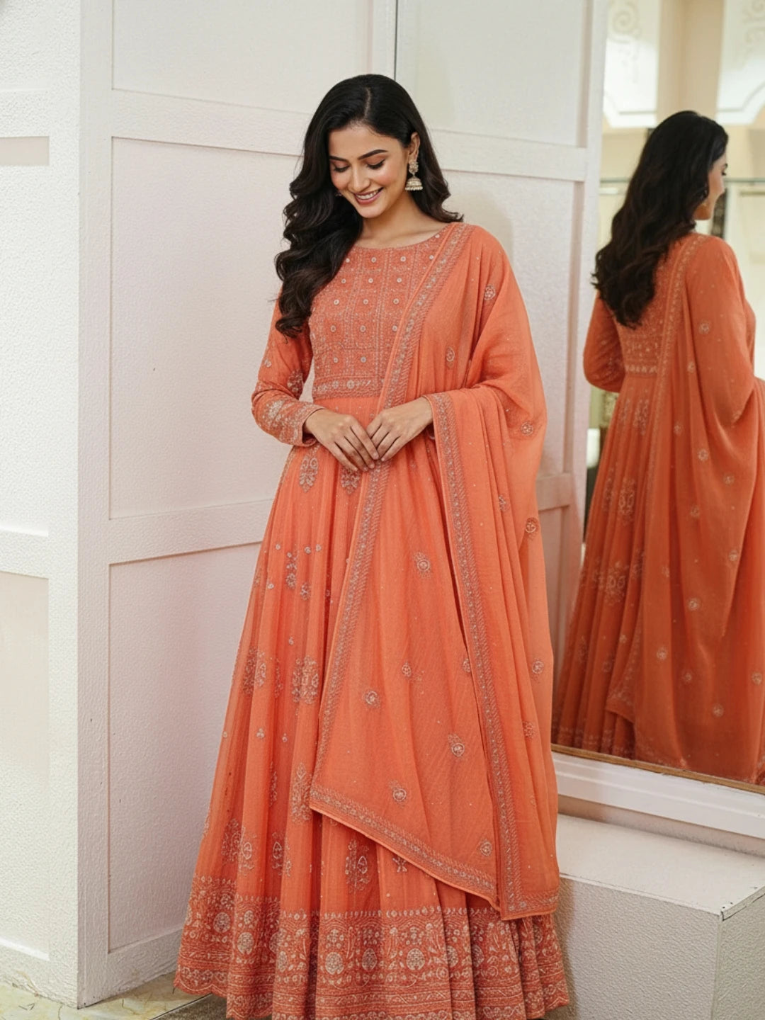 Ada Hand Embroidered Rust Mulmul Cotton Lucknowi Chikankari Semi-Stitched Anarkali Kurta Dupatta Set With Cutdana Work 01A621401