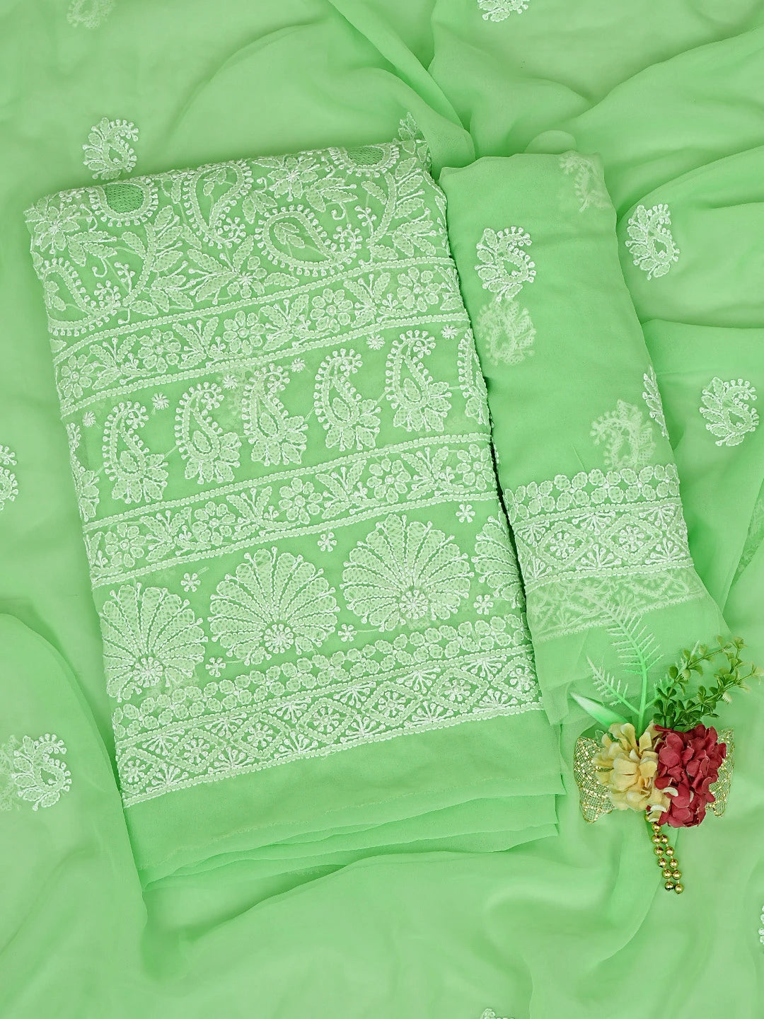 Ada Hand Embroidered Light Green Georgette Lucknowi Chikankari Unstitched Suit Piece 01A820076