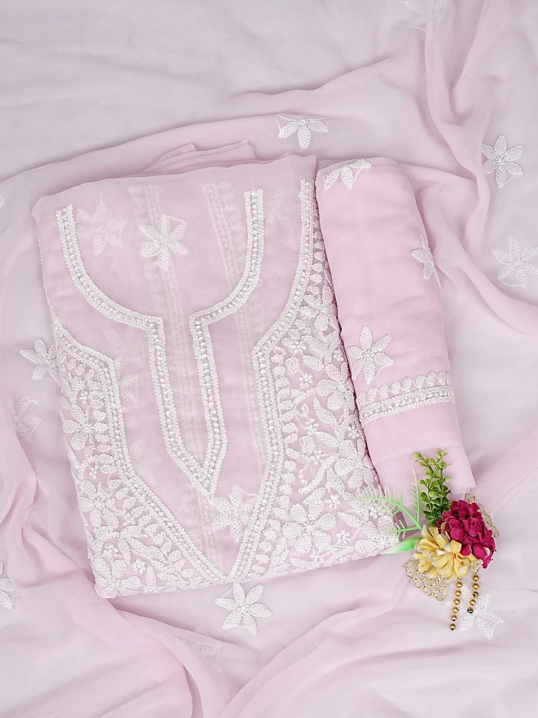 Ada Hand Embroidered Pink Georgette Lucknowi Chikankari Unstitched Suit Piece 01A823332