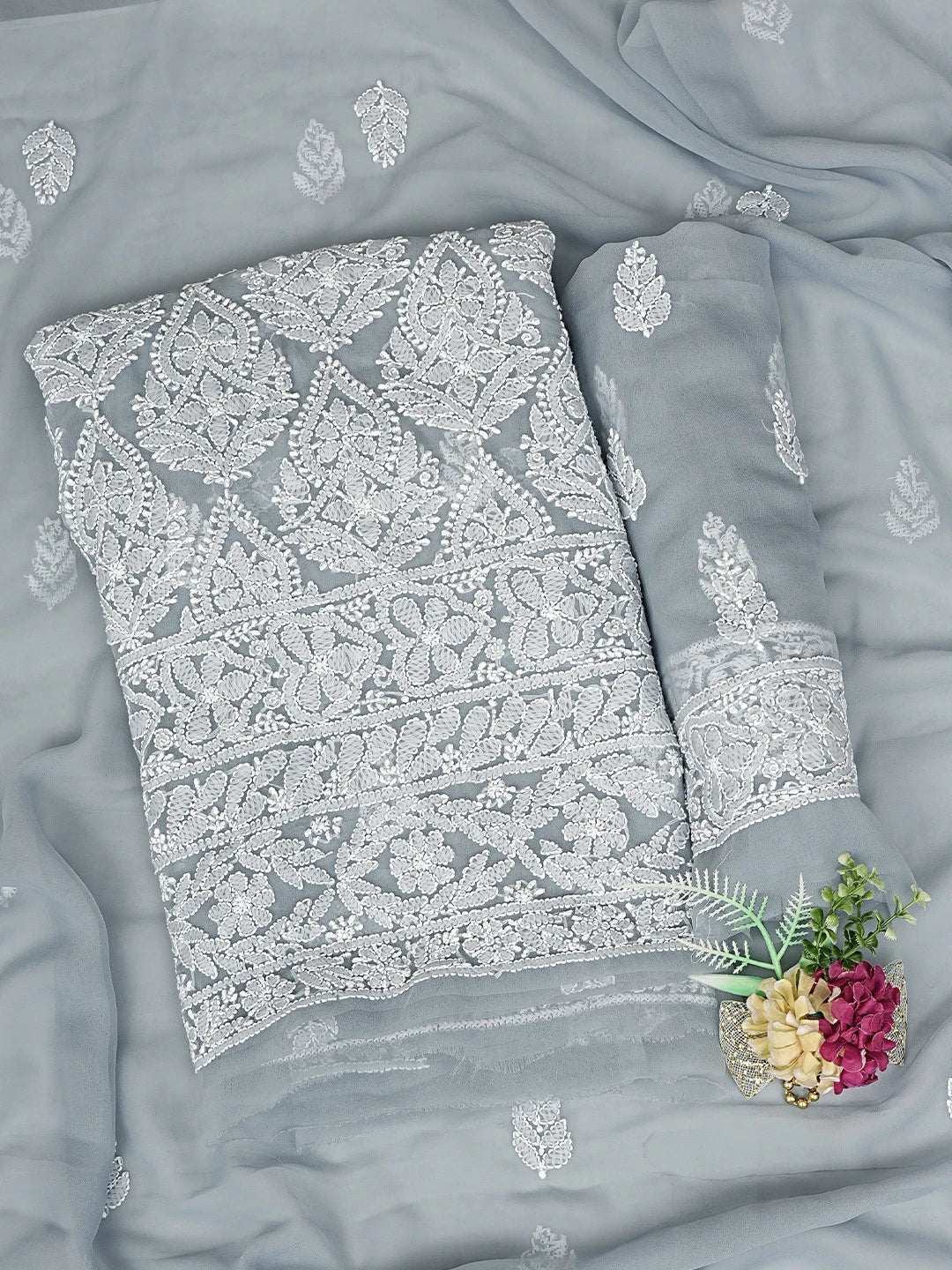 Ada Hand Embroidered Grey Georgette Lucknowi Chikankari Unstitched Suit Piece 01A835631