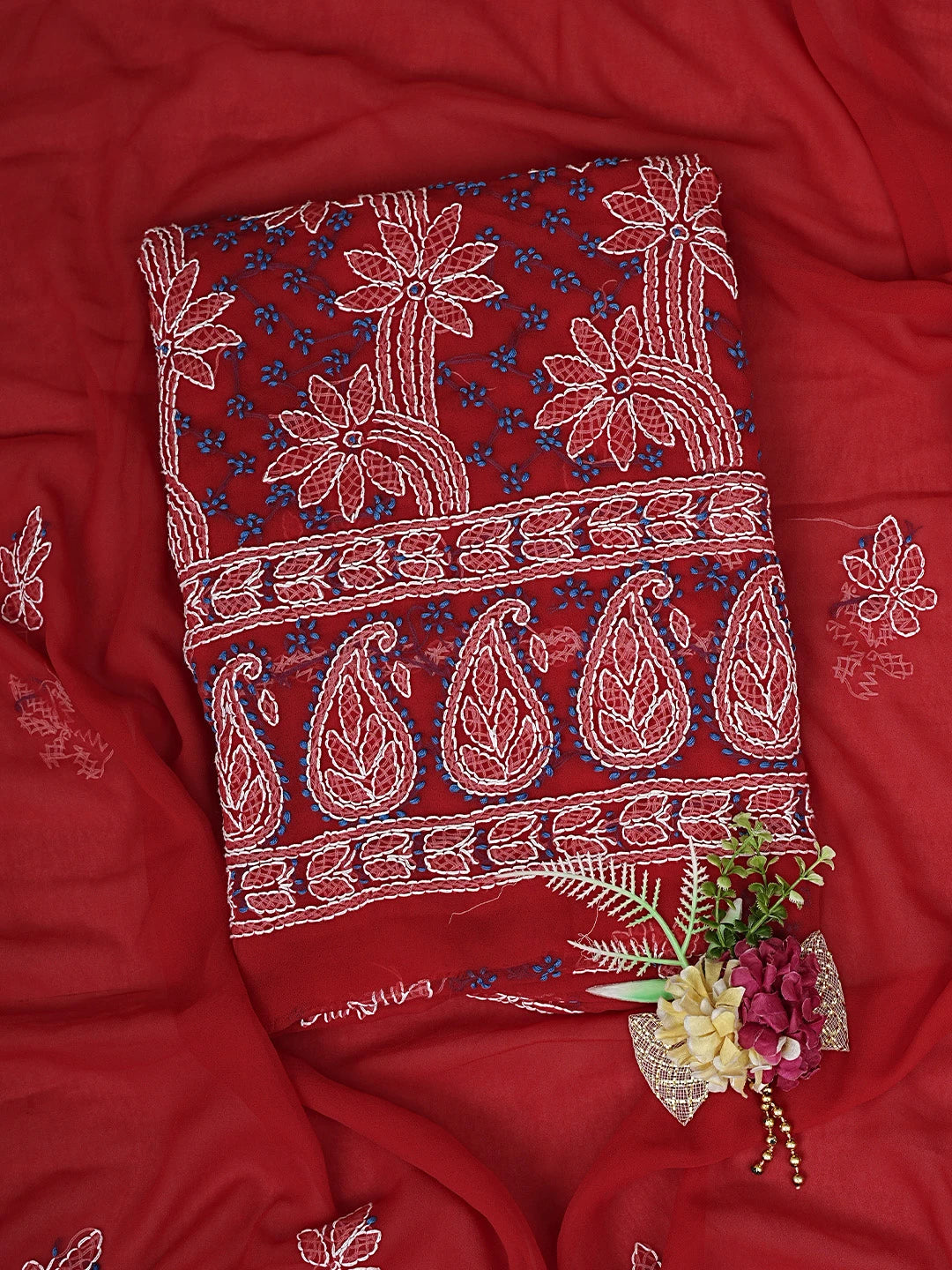 Ada Hand Embroidered Red Georgette Lucknowi Chikankari Unstitched Suit Piece 01A872258