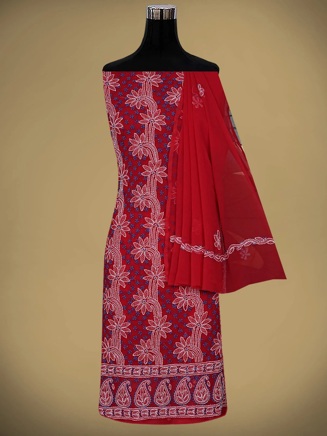 Ada Hand Embroidered Red Georgette Lucknowi Chikankari Unstitched Suit Piece 01A872258