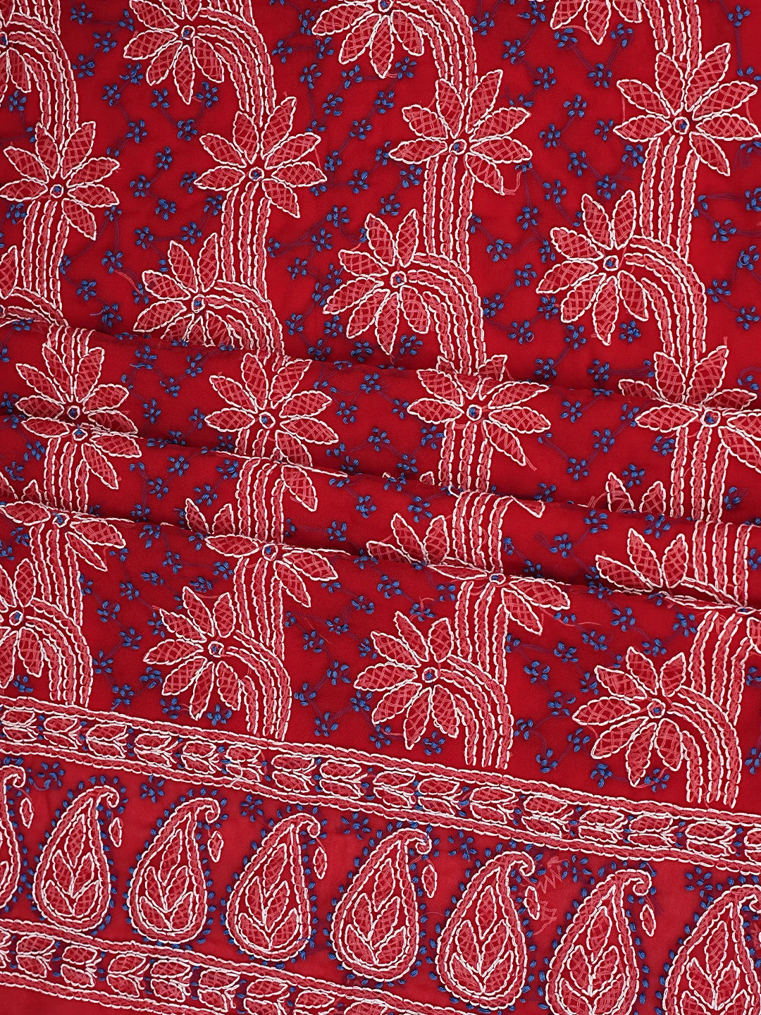 Ada Hand Embroidered Red Georgette Lucknowi Chikankari Unstitched Suit Piece 01A872258