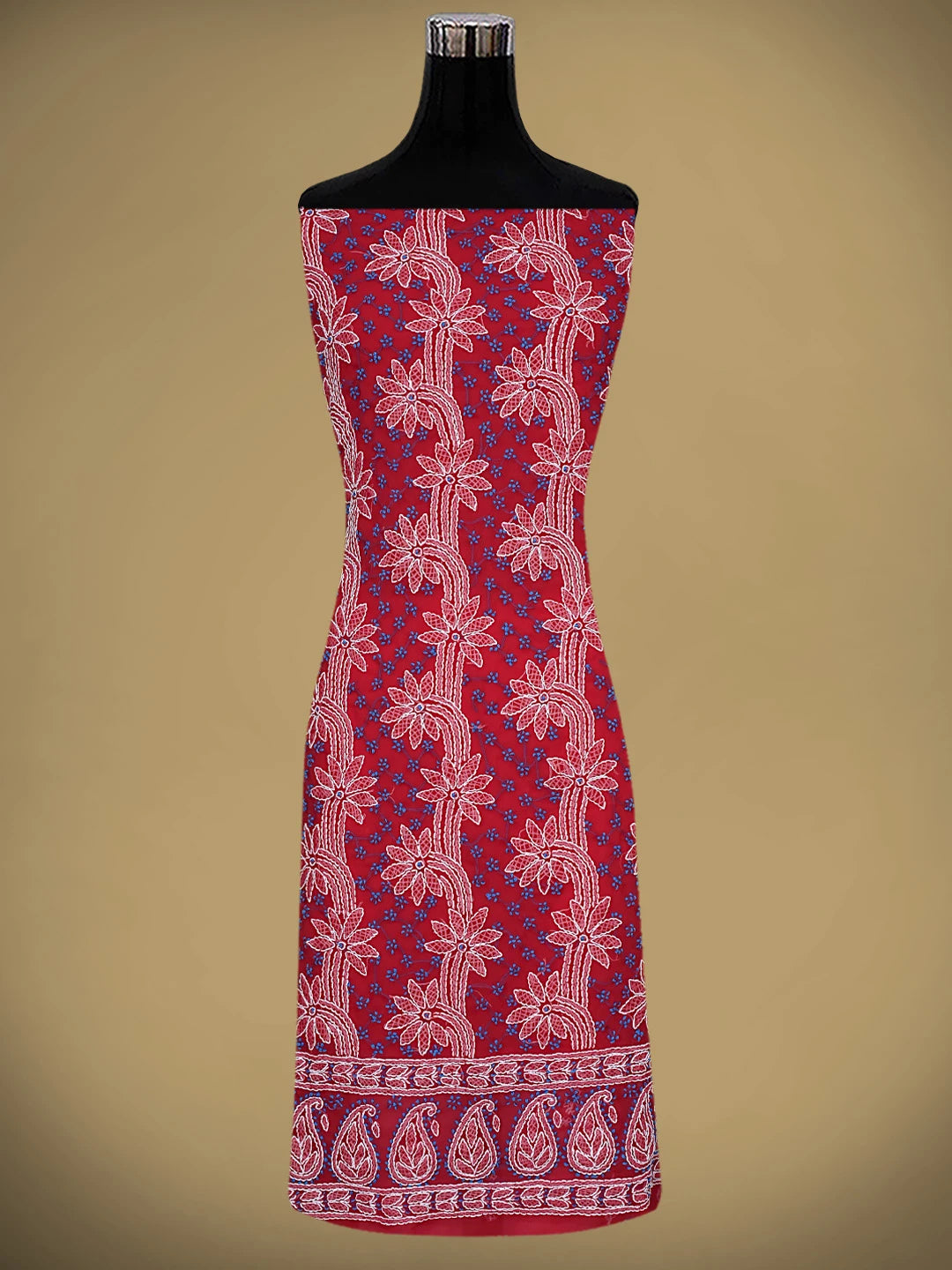 Ada Hand Embroidered Red Georgette Lucknowi Chikankari Unstitched Suit Piece 01A872258