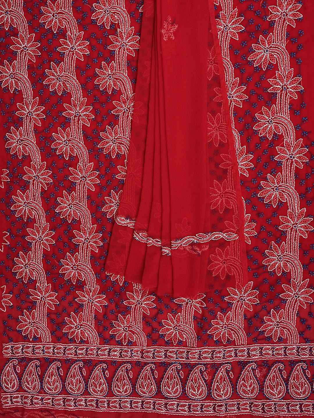 Ada Hand Embroidered Red Georgette Lucknowi Chikankari Unstitched Suit Piece 01A872258