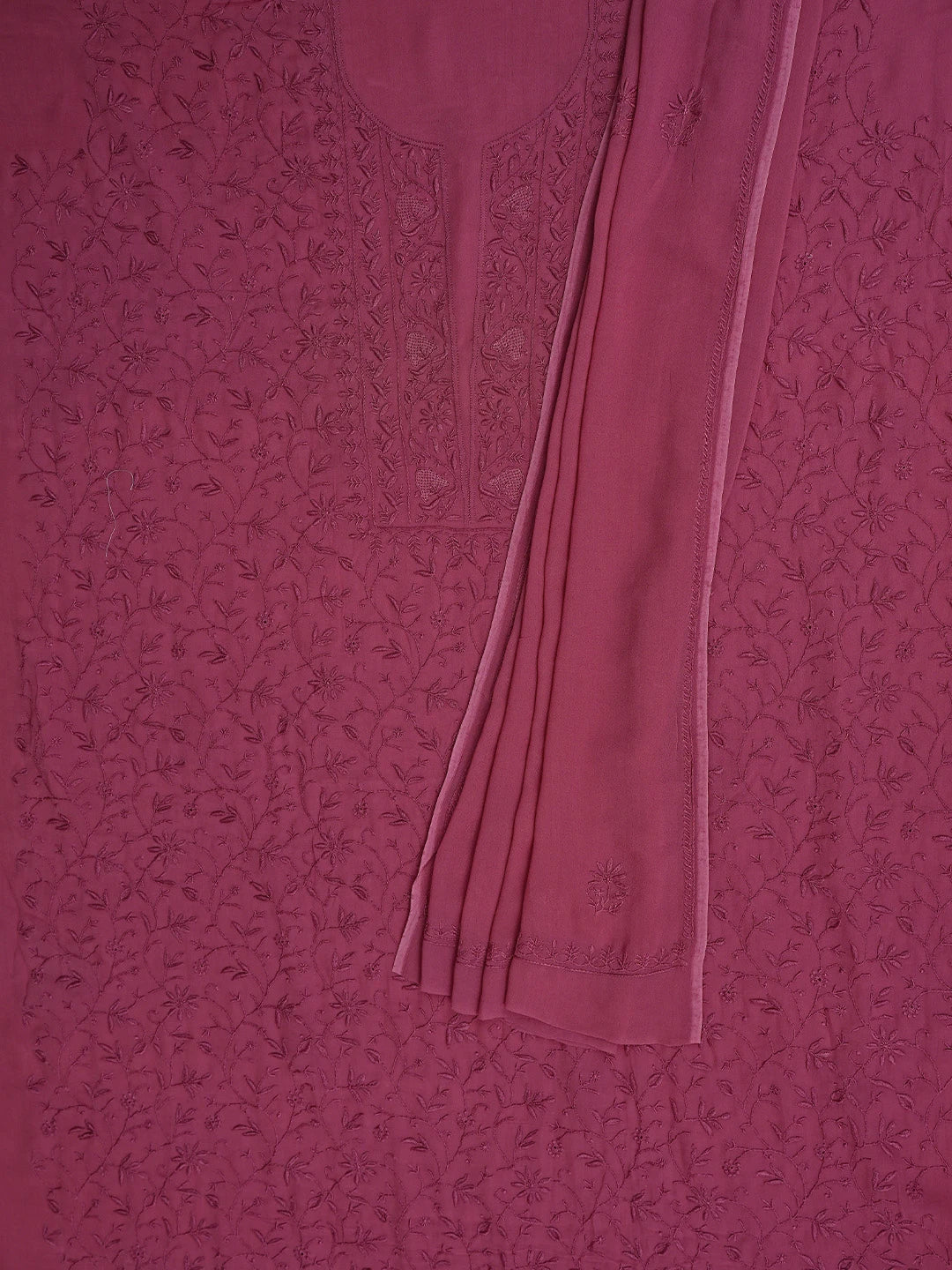 Ada Hand Embroidered Cordovan Red Viscose Georgette Lucknowi Chikankari Unstitched Kurta Dupatta Set 01A865536
