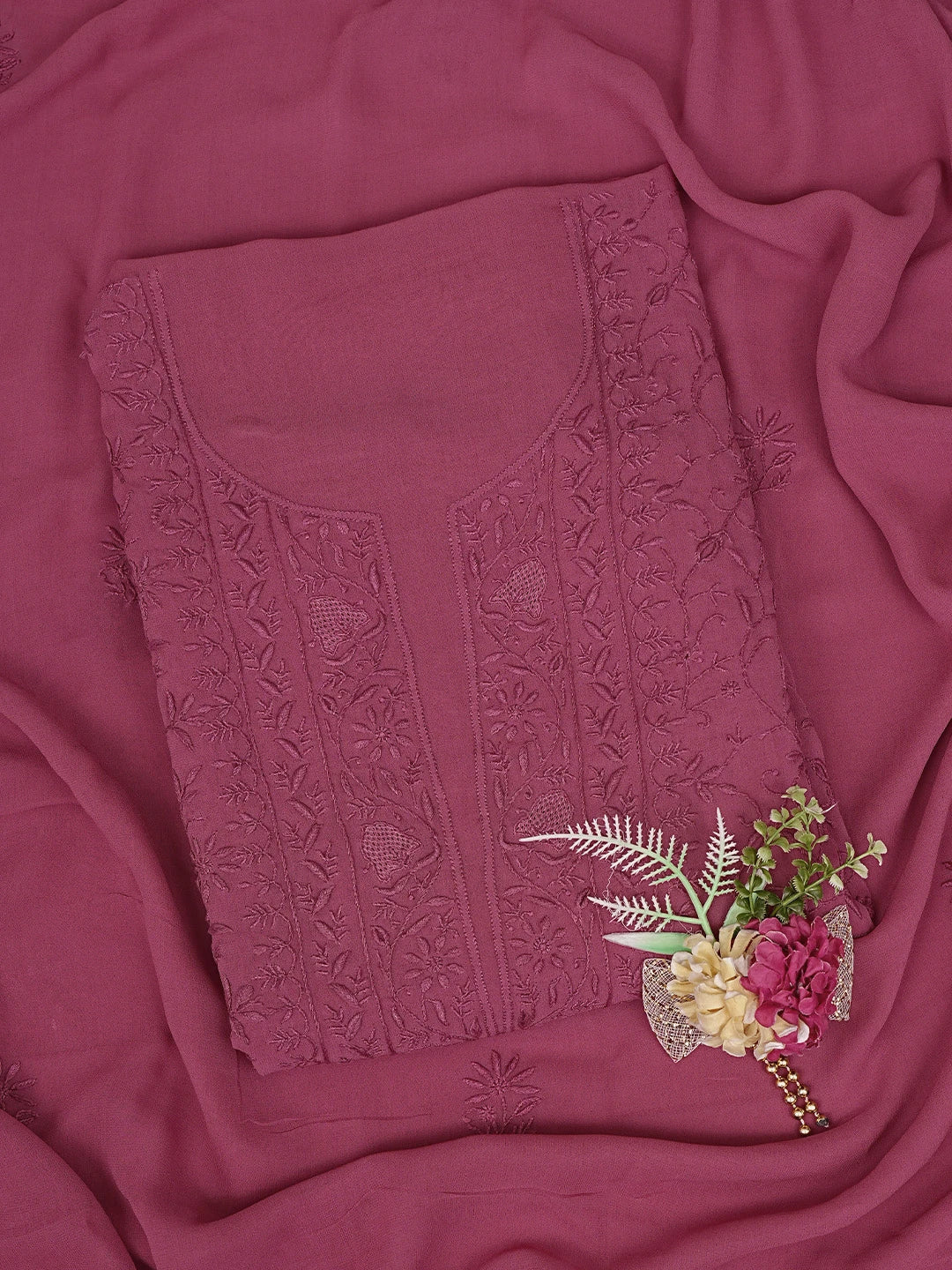 Ada Hand Embroidered Cordovan Red Viscose Georgette Lucknowi Chikankari Unstitched Kurta Dupatta Set 01A865536