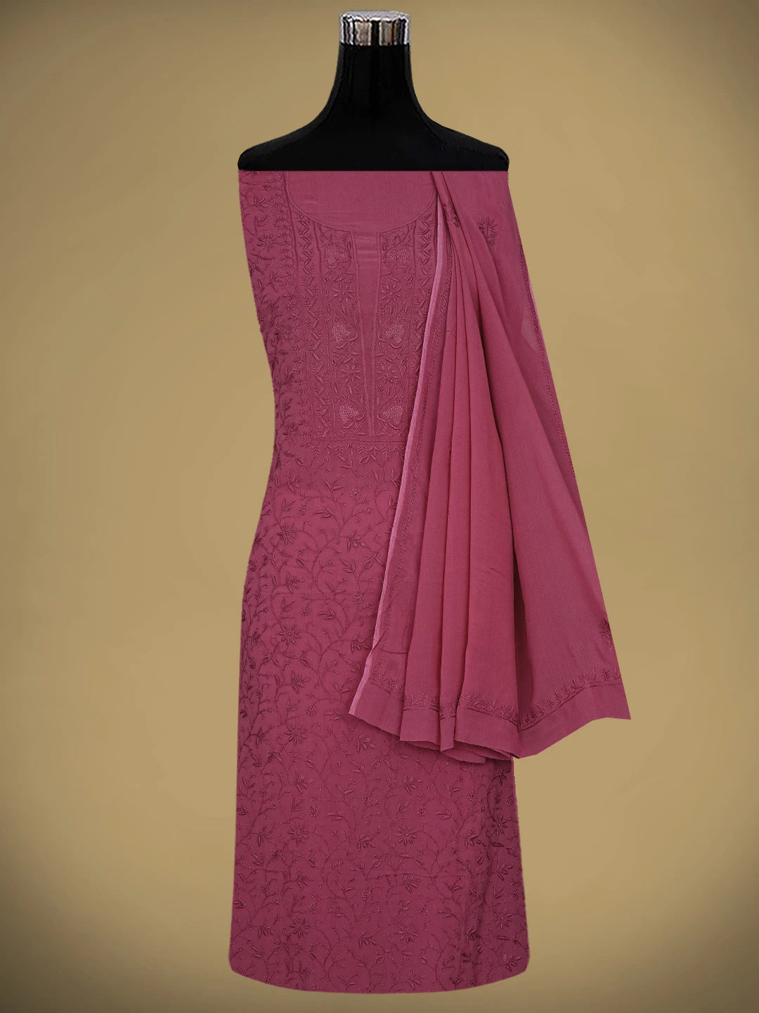 Ada Hand Embroidered Cordovan Red Viscose Georgette Lucknowi Chikankari Unstitched Kurta Dupatta Set 01A865536