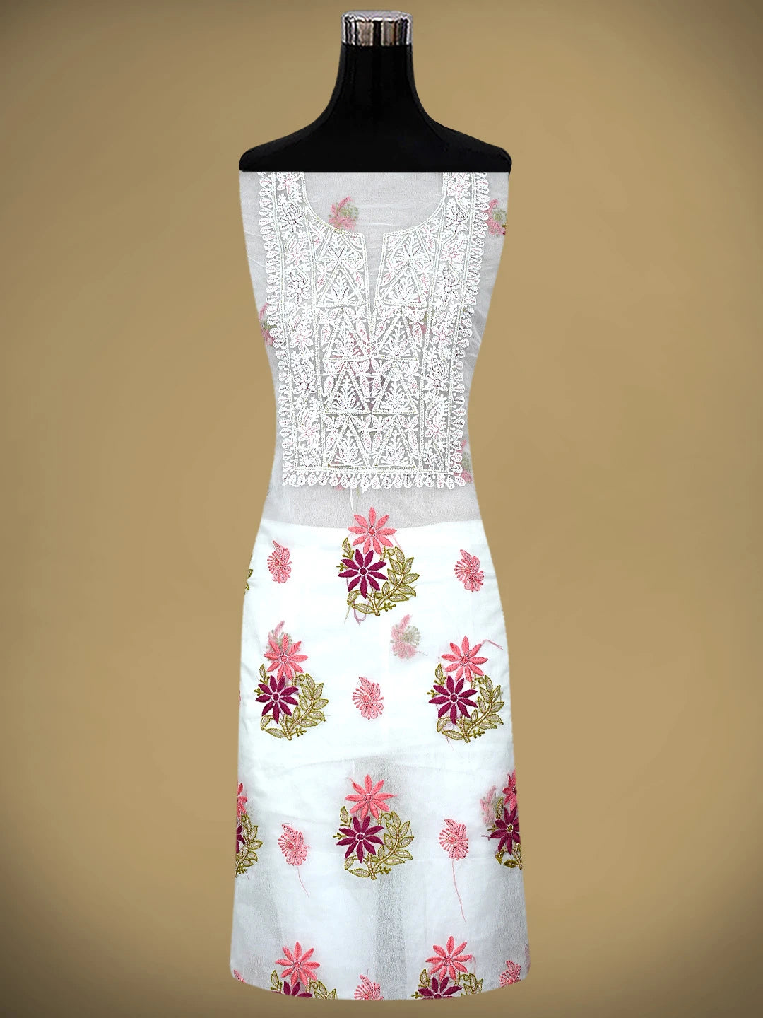 Ada Hand Embroidered White Old Lace Organza Lucknowi Chikankari Unstitched Kurta Dupatta Set With Cutdana Work 01A873058