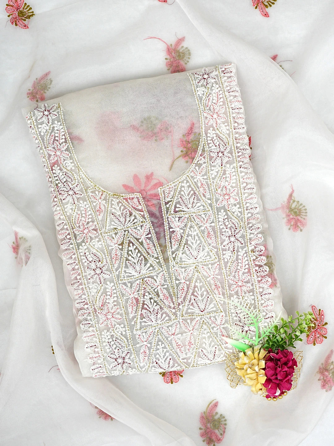 Ada Hand Embroidered White Old Lace Organza Lucknowi Chikankari Unstitched Kurta Dupatta Set With Cutdana Work 01A873058