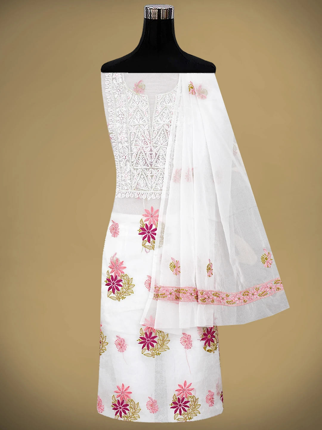 Ada Hand Embroidered White Old Lace Organza Lucknowi Chikankari Unstitched Kurta Dupatta Set With Cutdana Work 01A873058