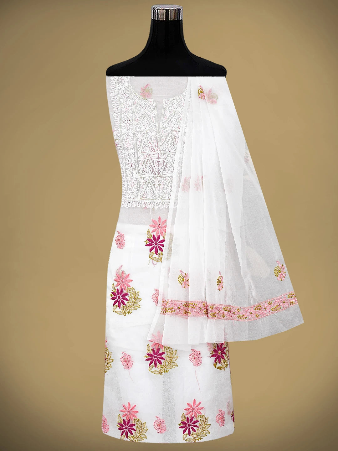 Ada Hand Embroidered White Old Lace Organza Lucknowi Chikankari Unstitched Kurta Dupatta Set With Cutdana Work 01A873058