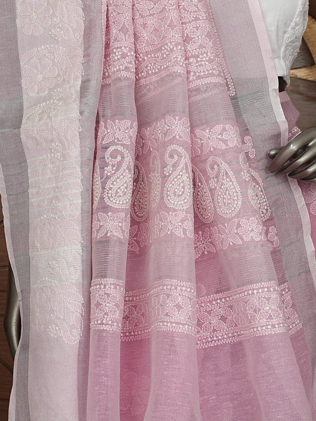 Ada Hand Embroidered Pink Tissue Lucknowi Chikankari Saree With Blouse 01A879557