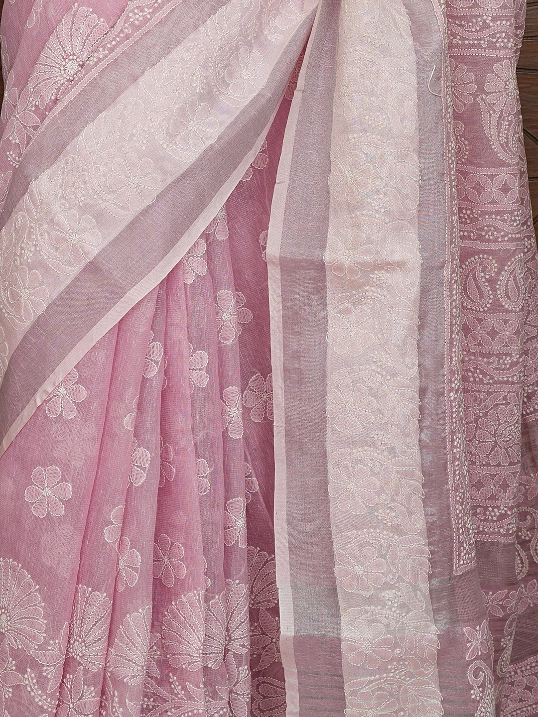 Ada Hand Embroidered Pink Tissue Lucknowi Chikankari Saree With Blouse 01A879557