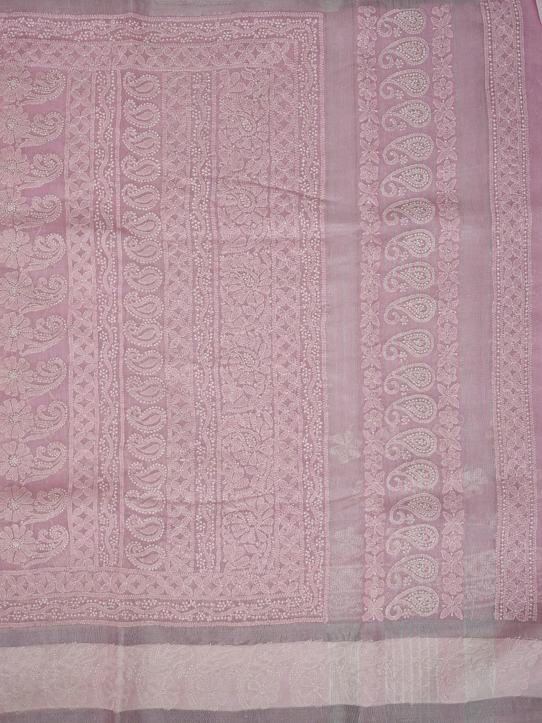 Ada Hand Embroidered Pink Tissue Lucknowi Chikankari Saree With Blouse 01A879557