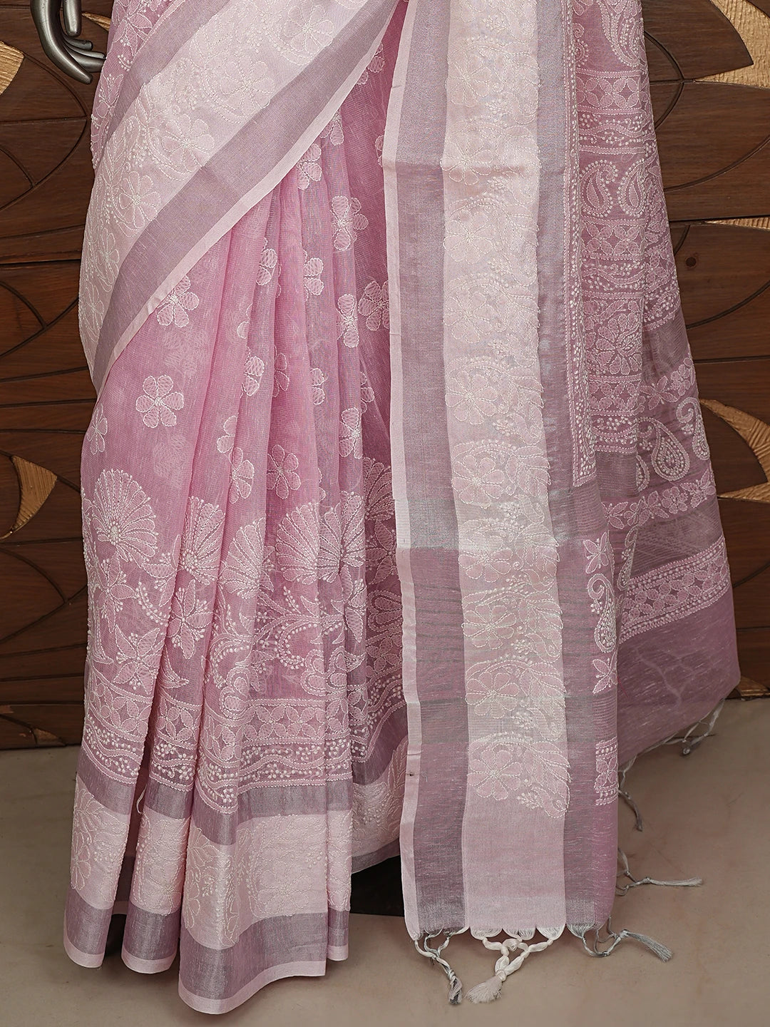 Ada Hand Embroidered Pink Tissue Lucknowi Chikankari Saree With Blouse 01A879557