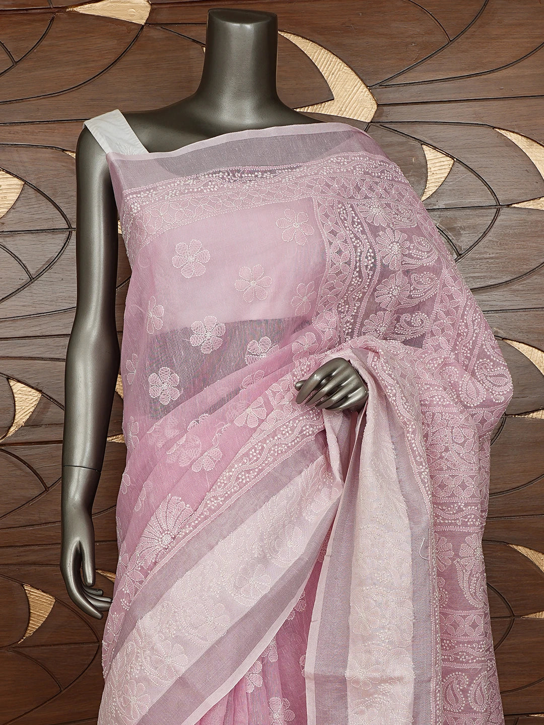 Ada Hand Embroidered Pink Tissue Lucknowi Chikankari Saree With Blouse 01A879557