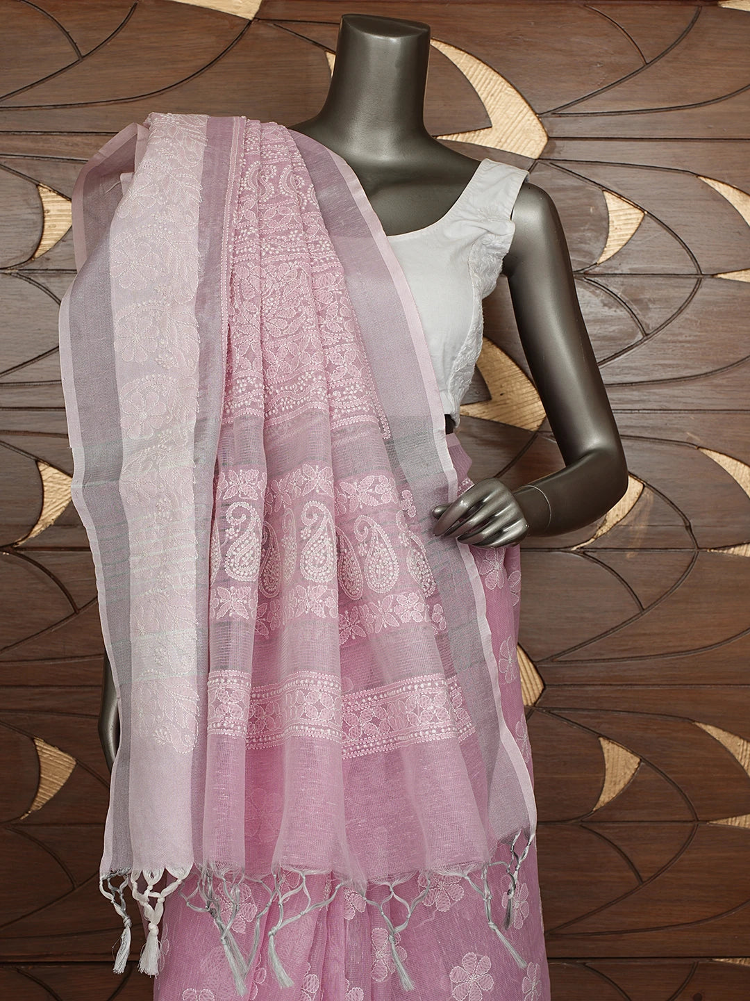 Ada Hand Embroidered Pink Tissue Lucknowi Chikankari Saree With Blouse 01A879557