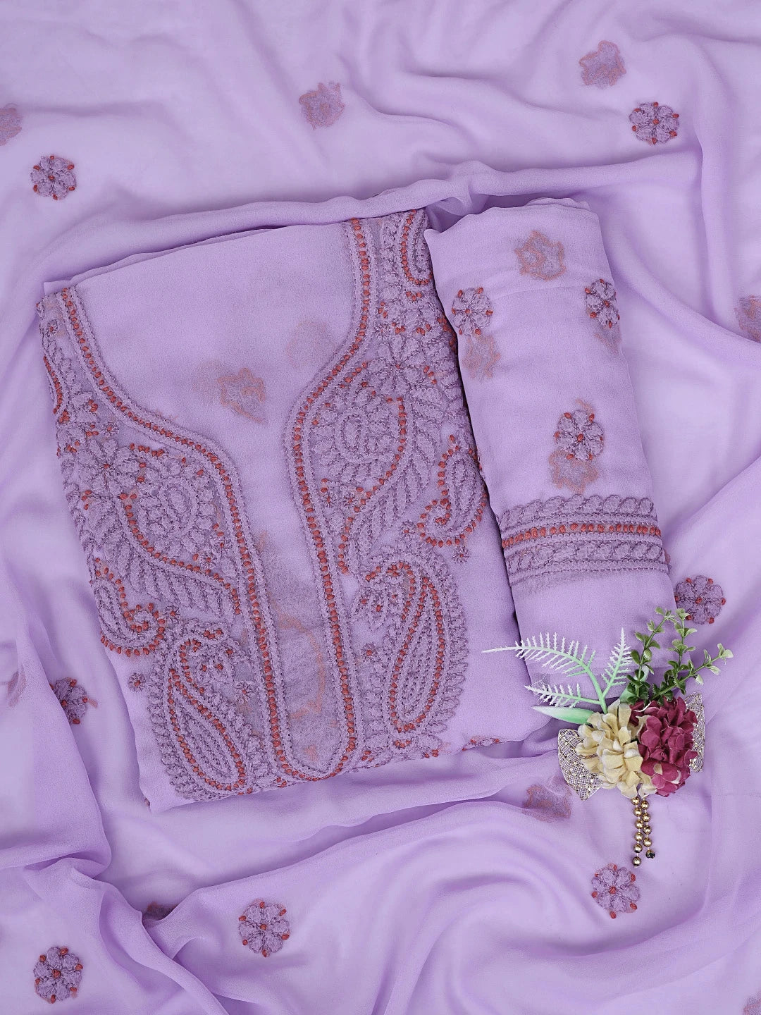 Ada Hand Embroidered Mauve Georgette Lucknowi Chikankari Unstitched Suit Piece 01A798270