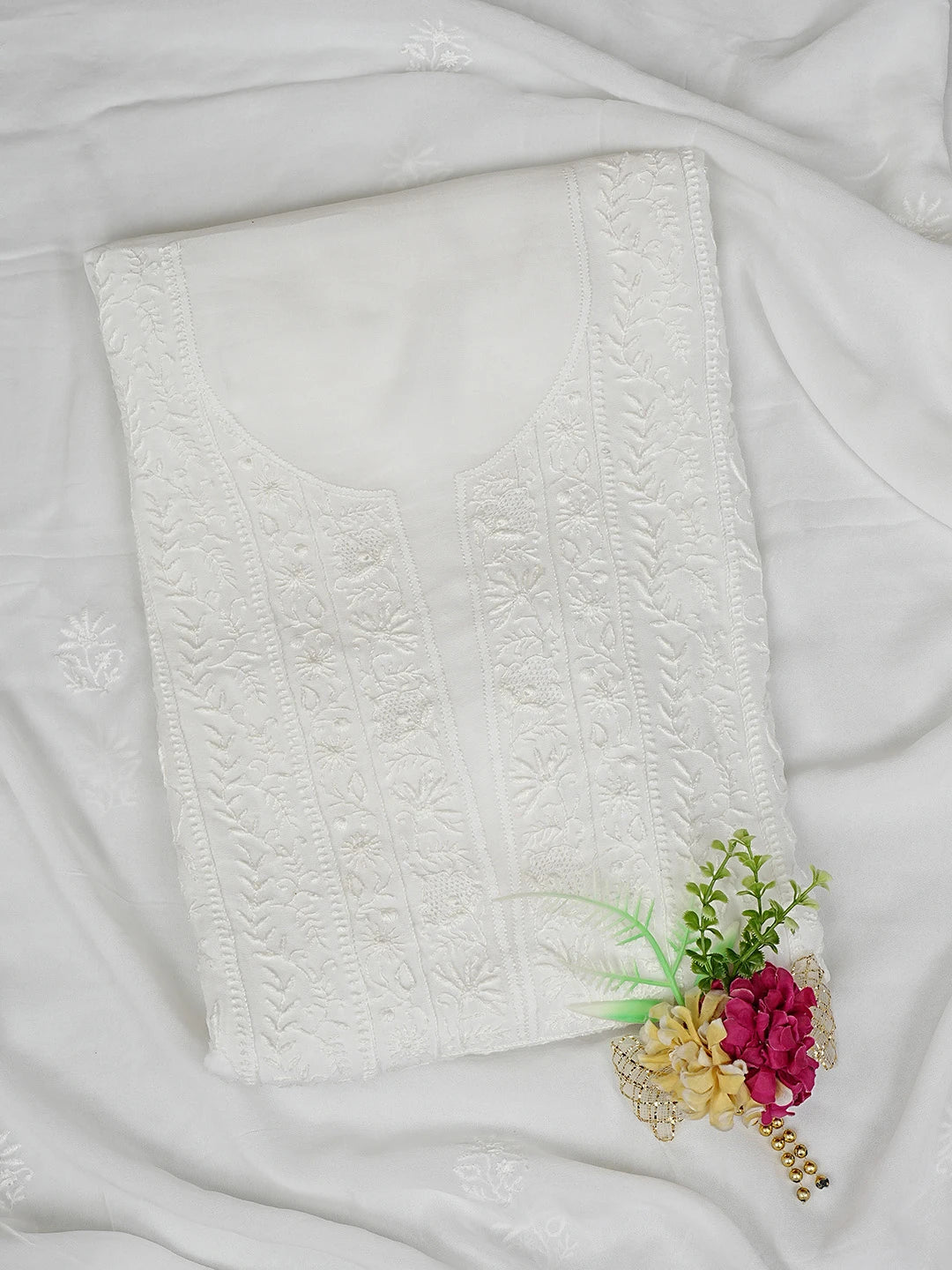 Ada Hand Embroidered White Viscose Georgette Lucknowi Chikankari Unstitched Kurta Dupatta Set 01A887977