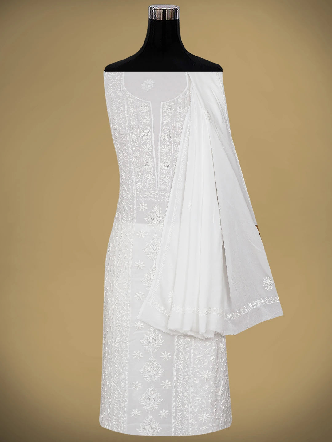 Ada Hand Embroidered White Viscose Georgette Lucknowi Chikankari Unstitched Kurta Dupatta Set 01A887977