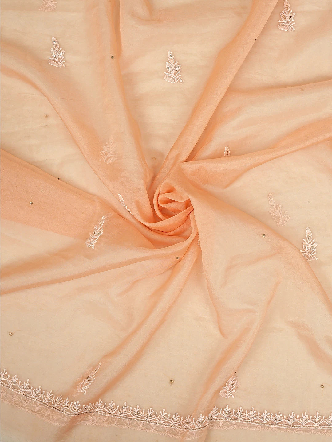 Ada Hand Embroidered Creamy Peach Organza Lucknowi Chikankari Unstitched Kurta Dupatta Set With Cutdana Work 01A742210